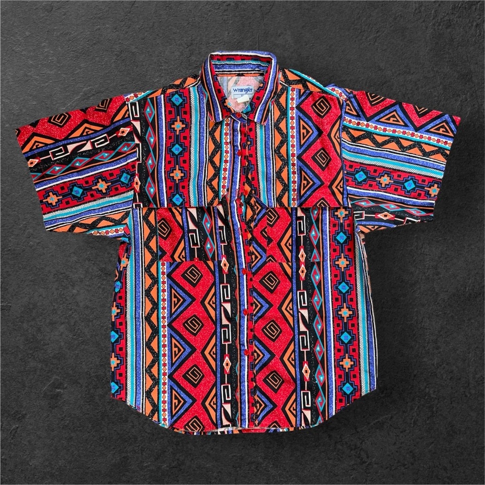 Vintage Wrangler  Brushpopper Shirt Mens XL Red Aztec Geometric Short Sleeve